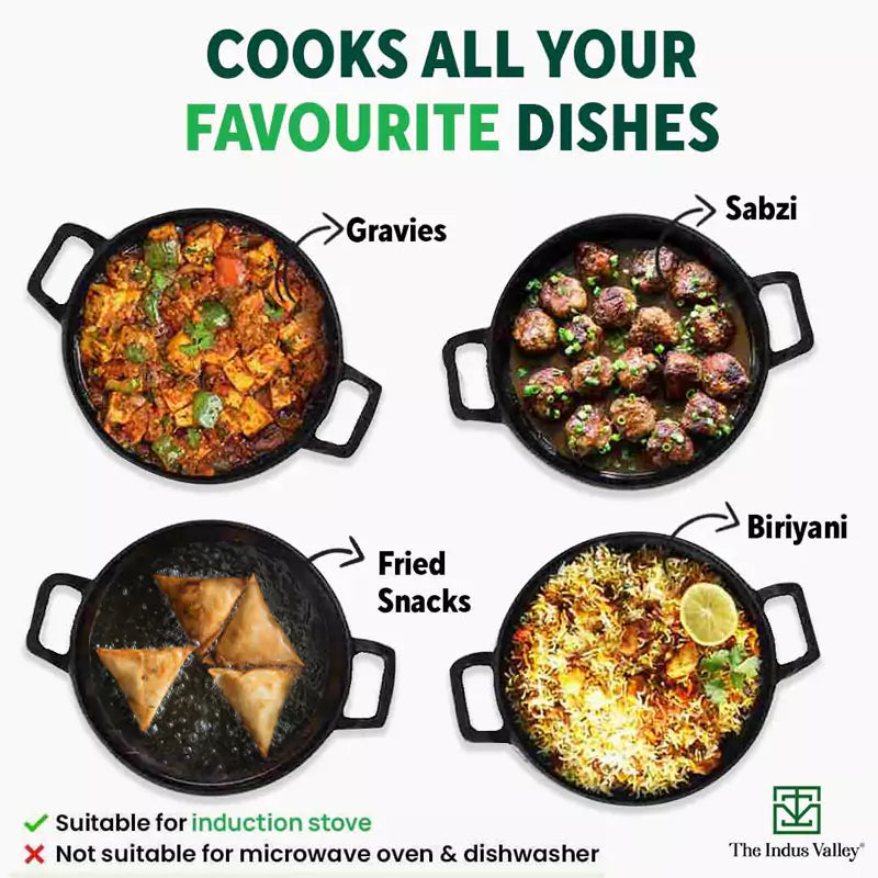 CASTrong Cast Iron Kadai, Pre-seasoned, Nonstick, 100% Pure, Toxin-free, Induction, 21/25cm, 1.7L/3.3kg