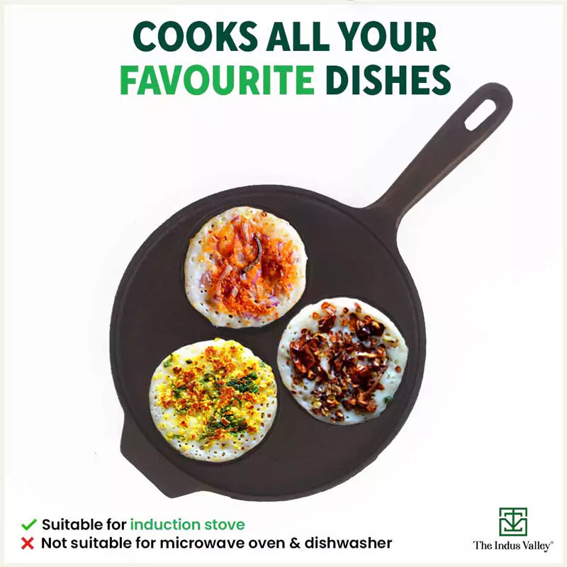 CASTrong Cast Iron Uttapam/ Set Dosa Tawa, 3 Pit, Pre-seasoned, 100% Pure, Toxin-free, Induction, 23cm