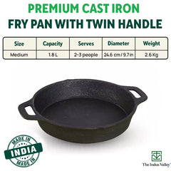 CASTrong Cast Iron Fry Pan, 2 Handles, Pre-seasoned, Nonstick, 100% Pure, Toxin-free, Induction, 24.6cm, 1.8L, 2.6kg