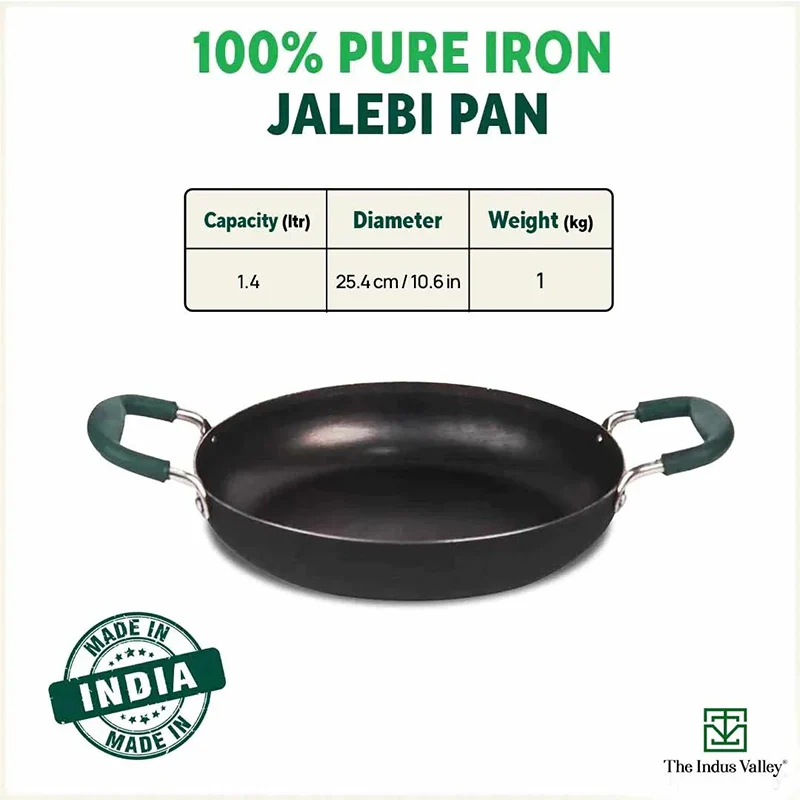 100% Pure Sheet Iron Kadai/ Jalebi/ Paella Pan, Silicone Cool Handles, Seasoned, Toxin-free, Induction, 25.4cm, 1.4L