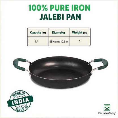 100% Pure Sheet Iron Kadai/ Jalebi/ Paella Pan, Silicone Cool Handles, Seasoned, Toxin-free, Induction, 25.4cm, 1.4L