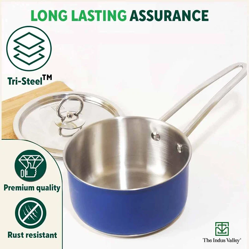Tri-Steel Premium Stainless Steel Saucepan/ Milk/ Tea Pan, Tri-ply (3 Layer) Induction Bottom, Steel Lid, 1.4L, Blue