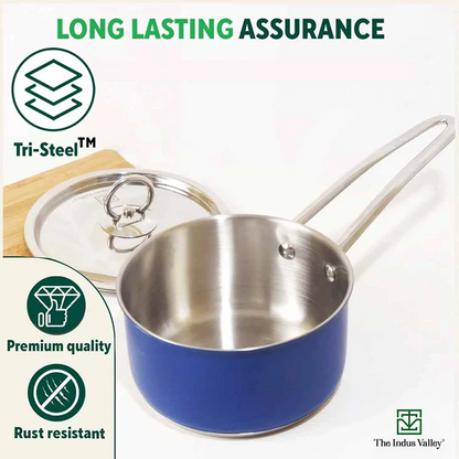 Tri-Steel Premium Stainless Steel Saucepan/ Milk/ Tea Pan, Tri-ply (3 Layer) Induction Bottom, Steel Lid, 1.4L, Blue