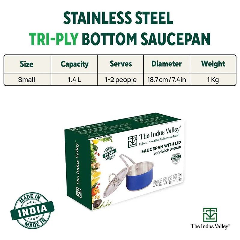 Tri-Steel Premium Stainless Steel Saucepan/ Milk/ Tea Pan, Tri-ply (3 Layer) Induction Bottom, Steel Lid, 1.4L, Blue
