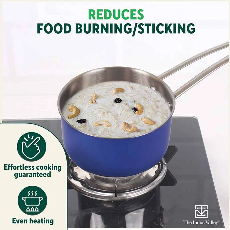 Tri-Steel Premium Stainless Steel Saucepan/ Milk/ Tea Pan, Tri-ply (3 Layer) Induction Bottom, Steel Lid, 1.4L, Blue