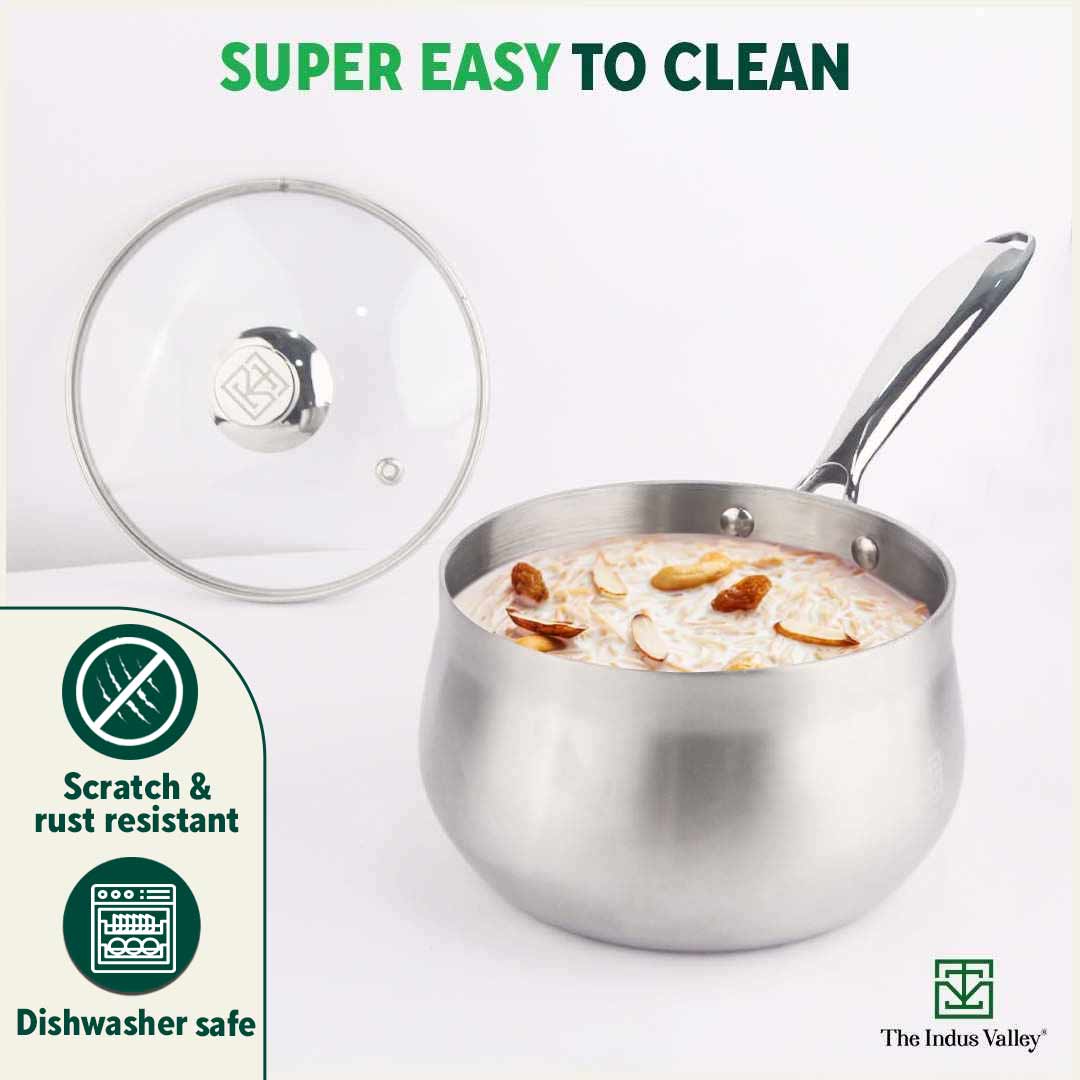 TurboCuk Tri-ply Stainless Steel Saucepan/ Milk/ Tea Pan+ Glass Lid, Premium Quality, 3 Layer Thick Body, 100% Toxin-free, Non-stick,  Induction & Gas, 1.5/3.5L