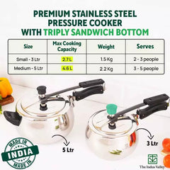QuicKooker Stainless Steel Pressure Cooker, Premium Quality, Inner Lid, Tri-ply (3 Layer) Heavy Bottom, 100% Safe, ISI Certified, 5 Yr Warranty, Induction & Gas, 3/5L