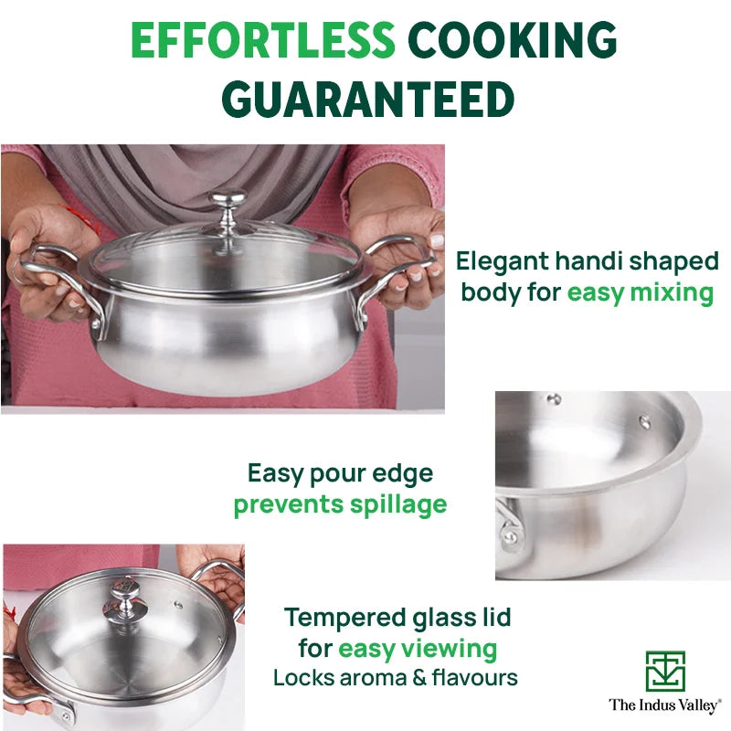 TurboCuk Tri-ply Biryani Cooking Pot/Casserole+ Glass Lid, Wide Handi Shape, Premium Quality, 3 Layer Thick Body, 100% Toxin-free, Non-stick, Induction & Gas, 2L