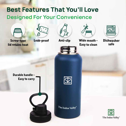 Premium Stainless Steel Vacuum Insulated Wide Mouth Water Bottle with Handle, Leak-proof, 1000ml