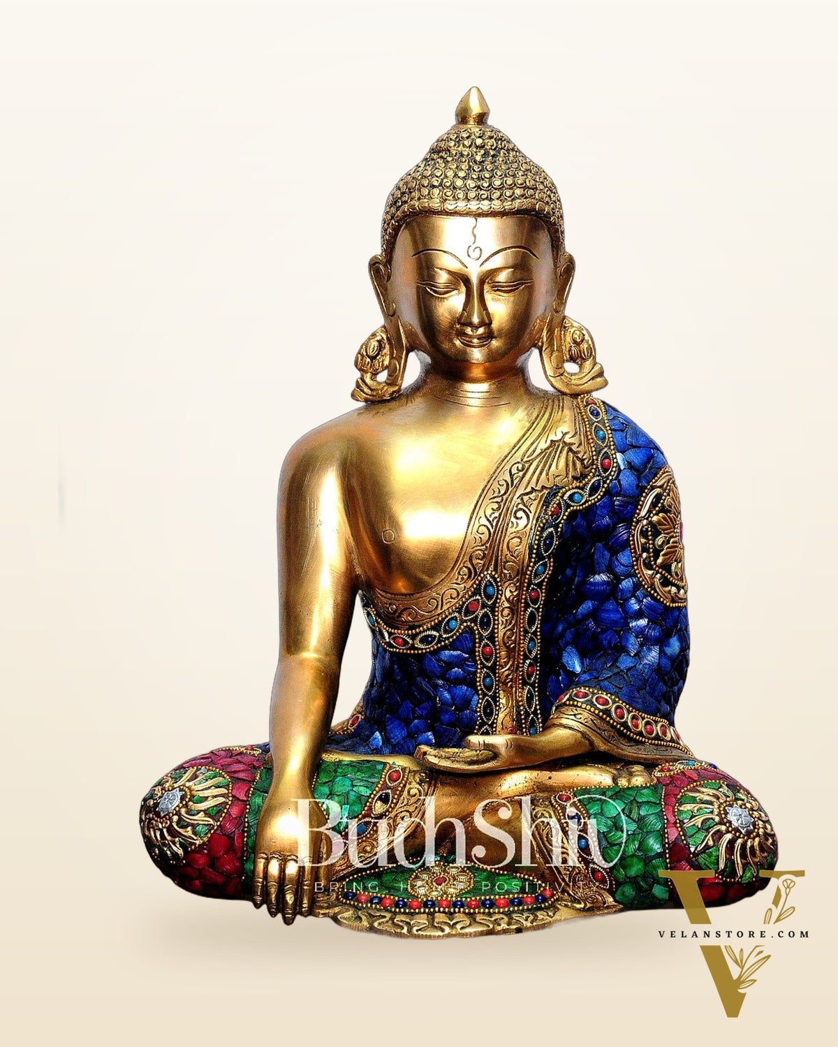 Bhumisparsa Mudra: Buddha Brass Idol with Gemstone Cutwork 12 inch