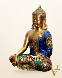 Bhumisparsa Mudra: Buddha Brass Idol with Gemstone Cutwork 12 inch
