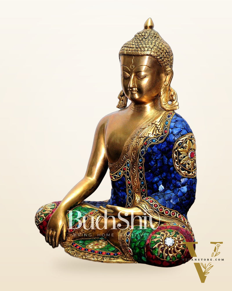 Bhumisparsa Mudra: Buddha Brass Idol with Gemstone Cutwork 12 inch
