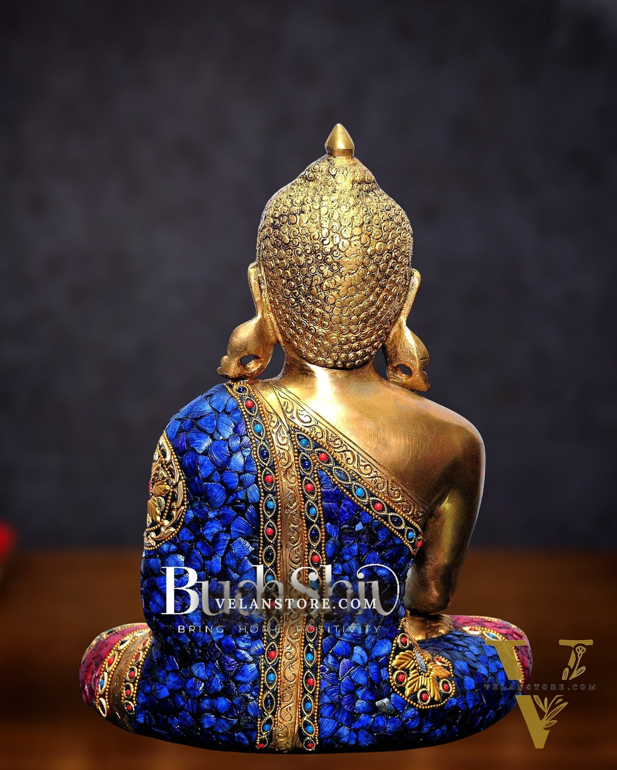 Bhumisparsa Mudra: Buddha Brass Idol with Gemstone Cutwork 12 inch