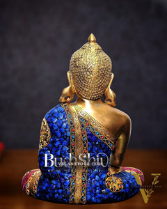 Bhumisparsa Mudra: Buddha Brass Idol with Gemstone Cutwork 12 inch