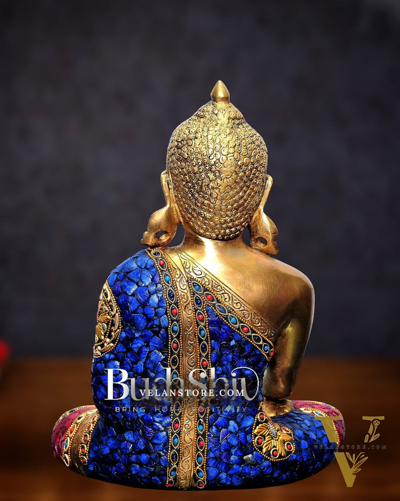 Bhumisparsa Mudra: Buddha Brass Idol with Gemstone Cutwork 12 inch