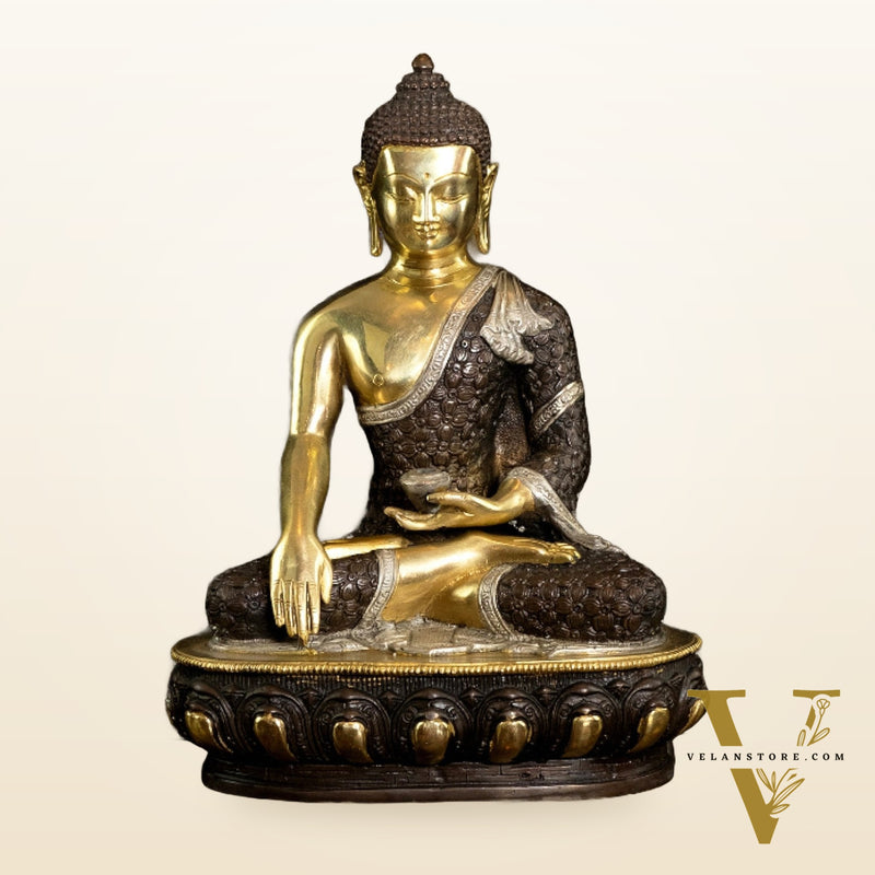 Bhumisparsha Mudra Brass Buddha Three-tone Idol | Rare 13"