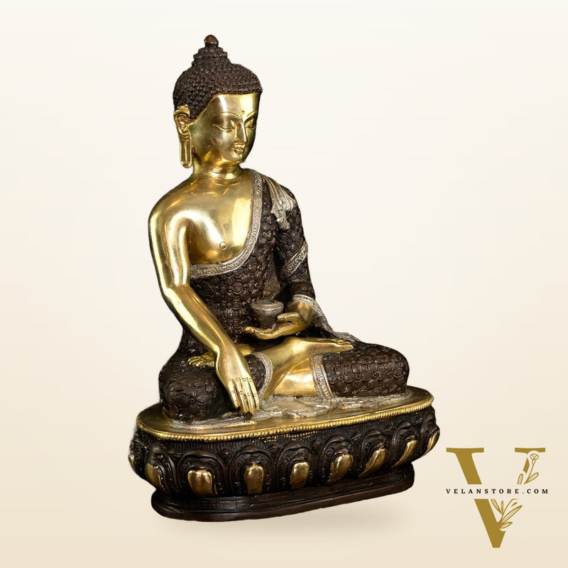 Bhumisparsha Mudra Brass Buddha Three-tone Idol | Rare 13"