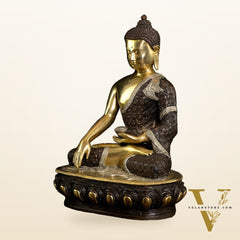 Bhumisparsha Mudra Brass Buddha Three-tone Idol | Rare 13"