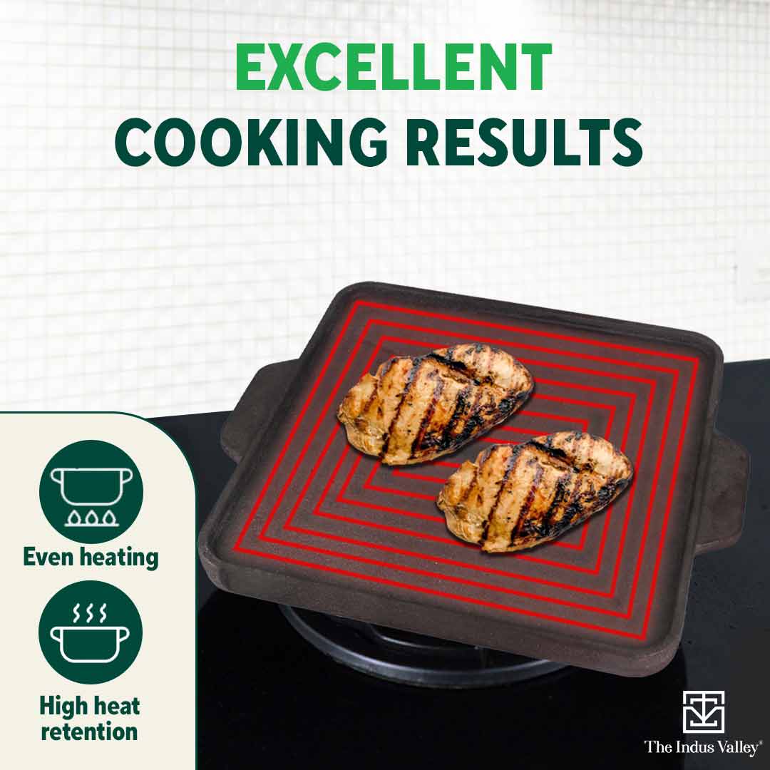 CASTrong Cast Iron 2-in-1 Griddle (Grill Pan + Tawa), Pre-seasoned, 100% Pure, Toxin-free,  Induction, Square,  27.2cm, 4.1 Kg