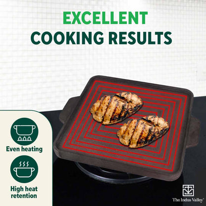 CASTrong Cast Iron 2-in-1 Griddle (Grill Pan + Tawa), Pre-seasoned, 100% Pure, Toxin-free,  Induction, Square,  27.2cm, 4.1 Kg
