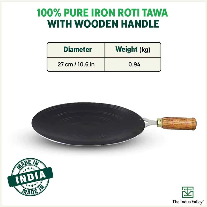 100% Pure Sheet Iron Tawa, Concave, Toxin-free, Seasoned, Wooden Handle, 25.5cm, 0.9kg