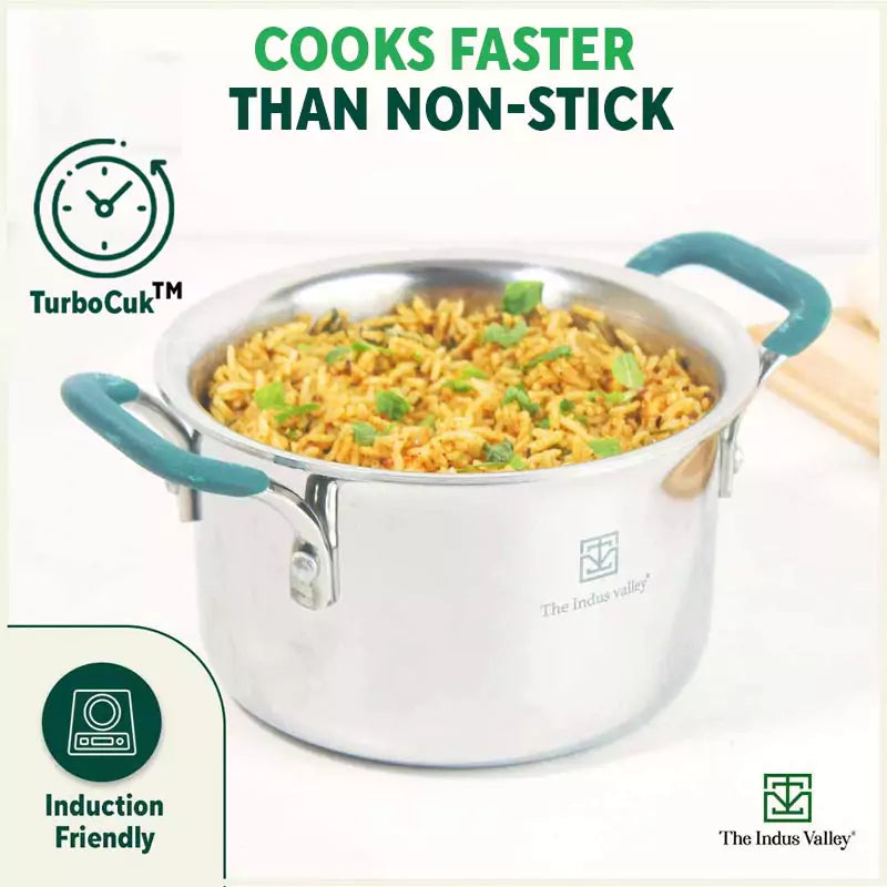 TurboCuk Tri-ply Stainless Steel Casserole/Biryani Cooking Pot+ Steel Lid, Premium 3 Layer Body, Cool Silicone Handles, Induction, Non-stick, 2.9L