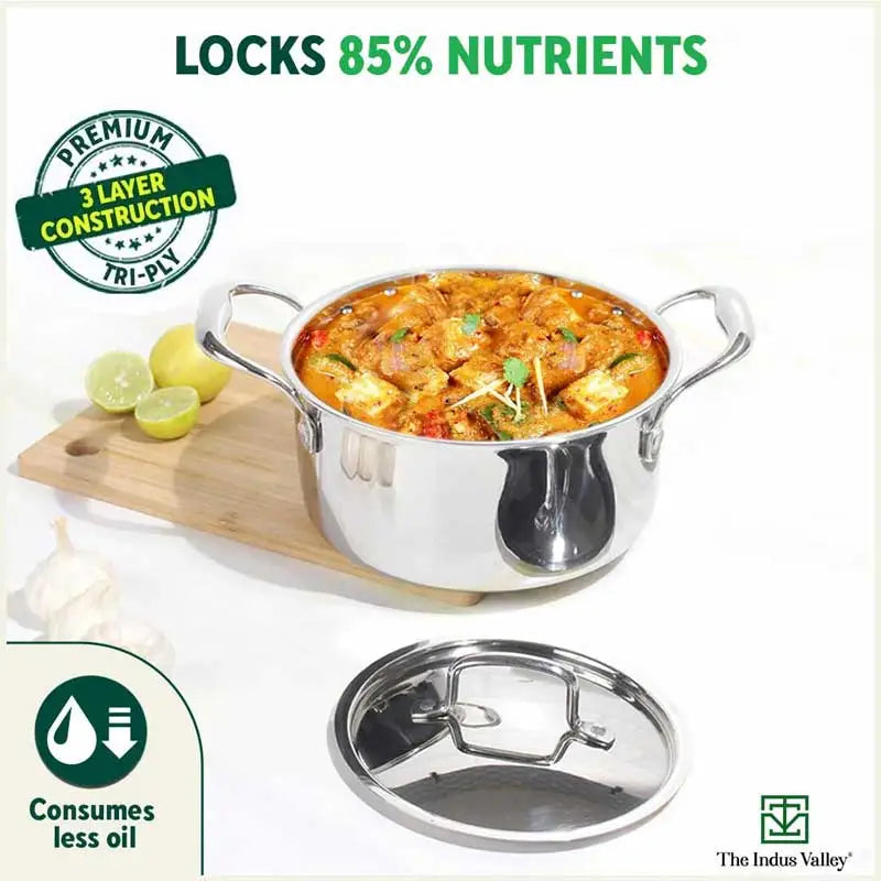 TurboCuk Tri-ply Stainless Steel Casserole/ Cooking Pot/ Sauce Pot+ Steel Lid, Premium Quality, 3 Layer Thick Body, 100% Toxin-free, Non-stick, Induction & Gas, 2.1L