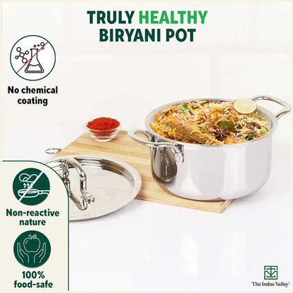 TurboCuk Tri-ply Stainless Steel Casserole/ Biryani Cooking Pot+ Steel Lid, Premium Quality, 3 Layer Thick Body, 100% Toxin-free, Non-stick, Induction & Gas, 3.1L