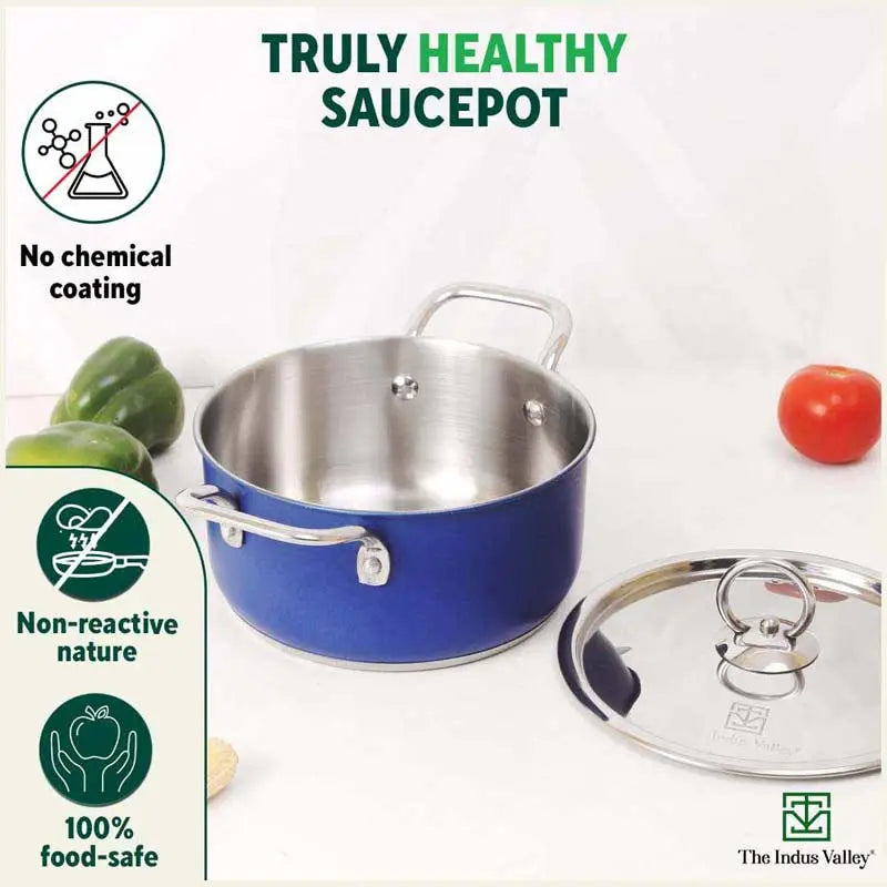 Tri-Steel Premium Stainless Steel Casserole/ Saucepot with Steel Lid, Tri-ply (3 Layer) Induction Bottom, 1.9L, Blue