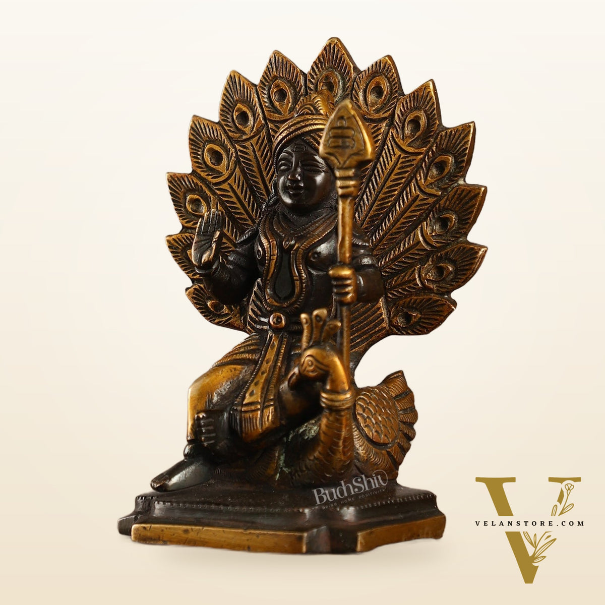 Black Antique Brass Superfine Kartikeya Lord Murugan Idol Seated on Peacock | Height 6 inch