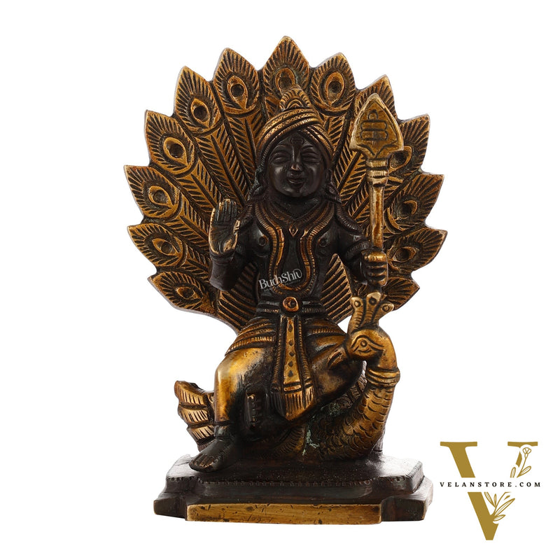 Black Antique Brass Superfine Kartikeya Lord Murugan Idol Seated on Peacock | Height 6 inch