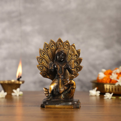 Black Antique Brass Superfine Kartikeya Lord Murugan Idol Seated on Peacock | Height 6 inch