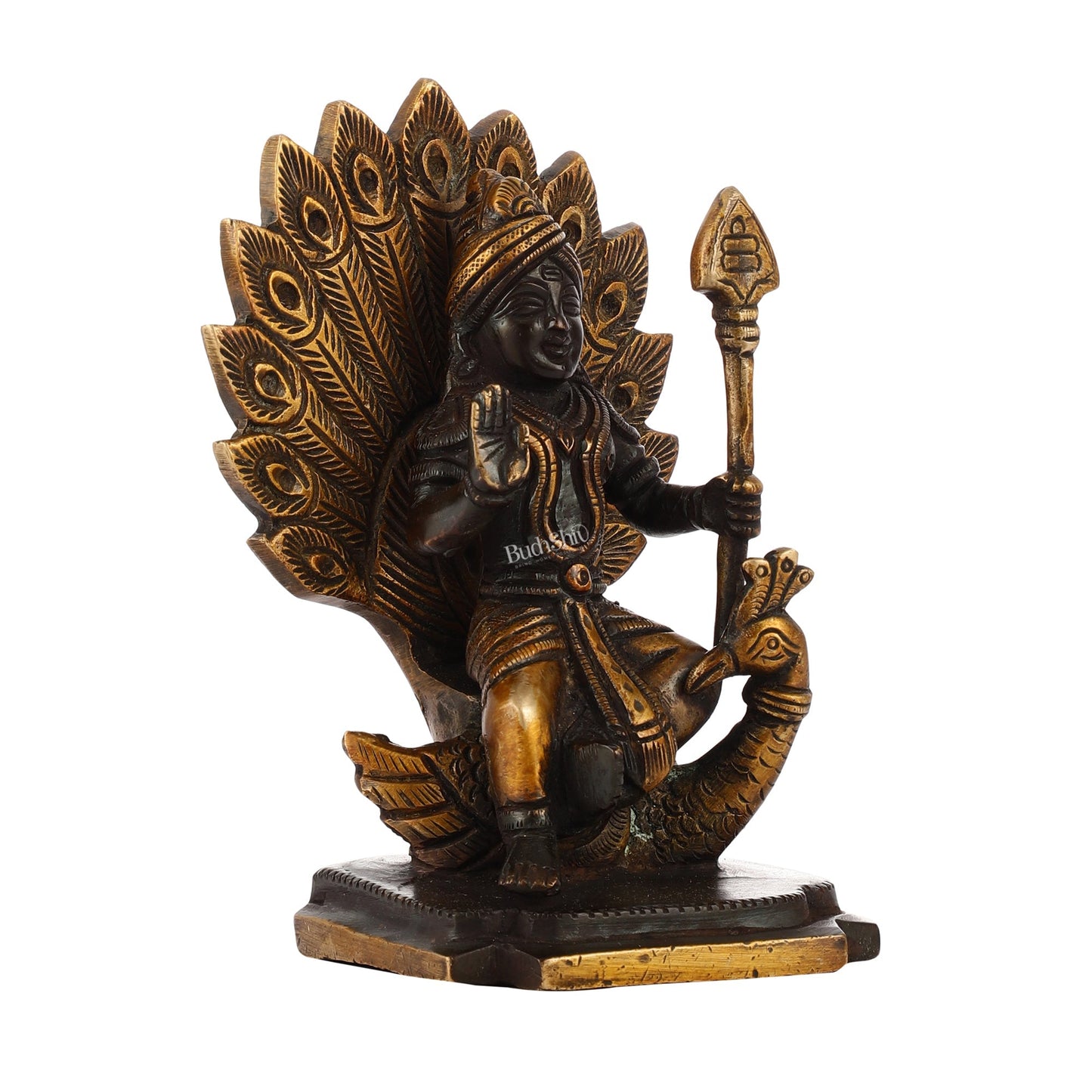 Black Antique Brass Superfine Kartikeya Lord Murugan Idol Seated on Peacock | Height 6 inch