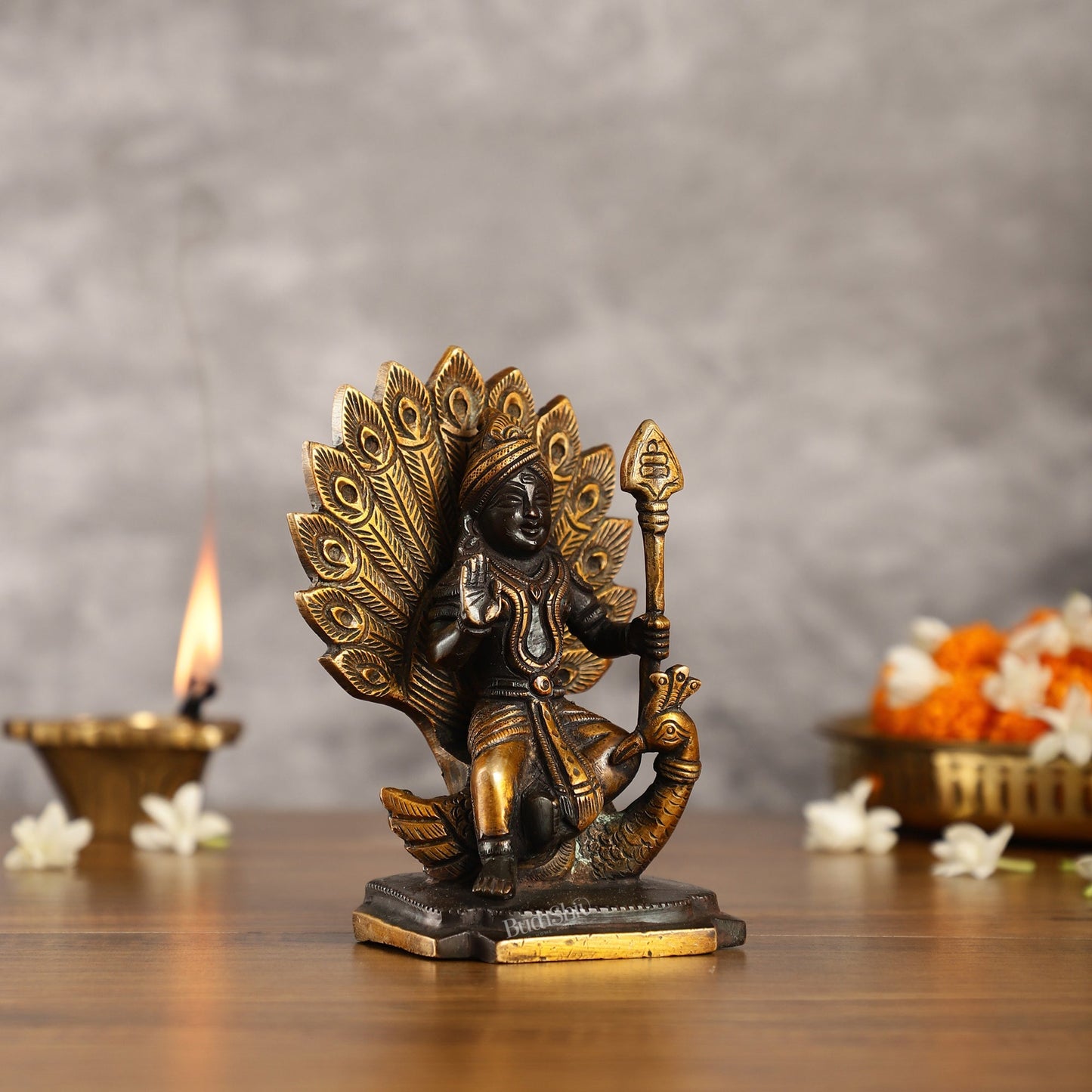 Black Antique Brass Superfine Kartikeya Lord Murugan Idol Seated on Peacock | Height 6 inch