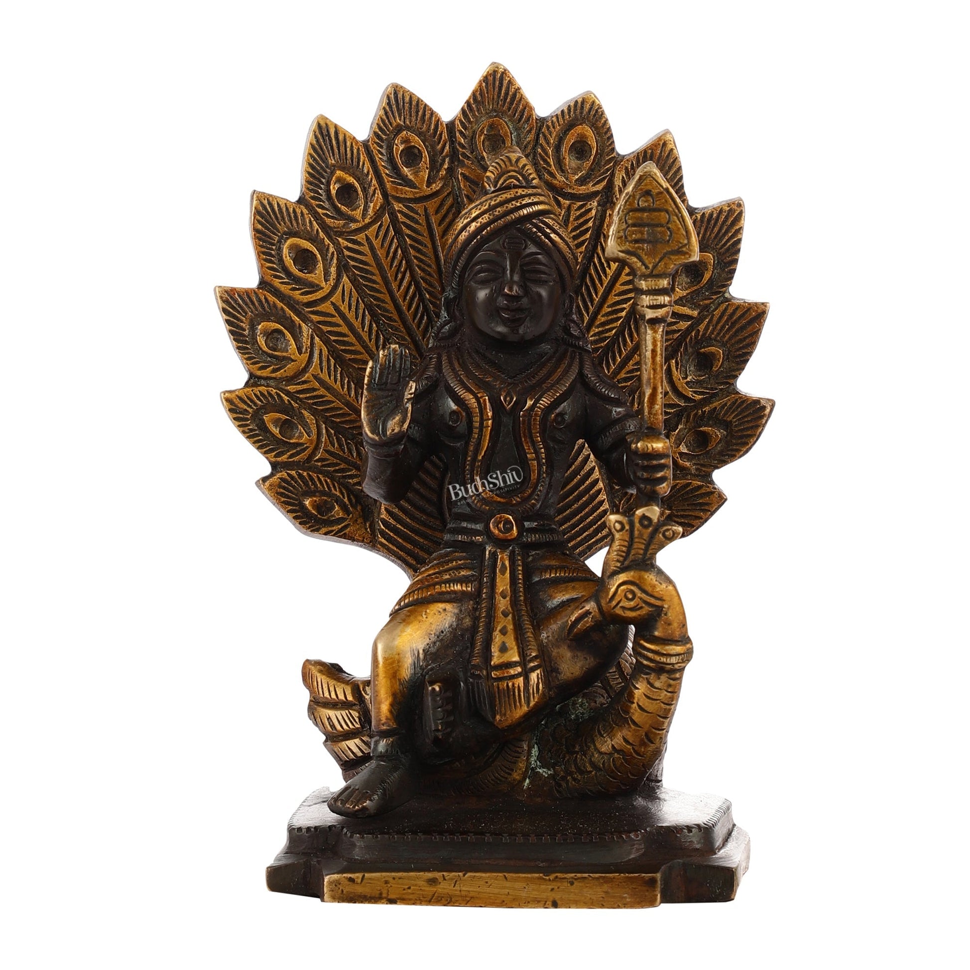 Black Antique Brass Superfine Kartikeya Lord Murugan Idol Seated on Peacock | Height 6 inch