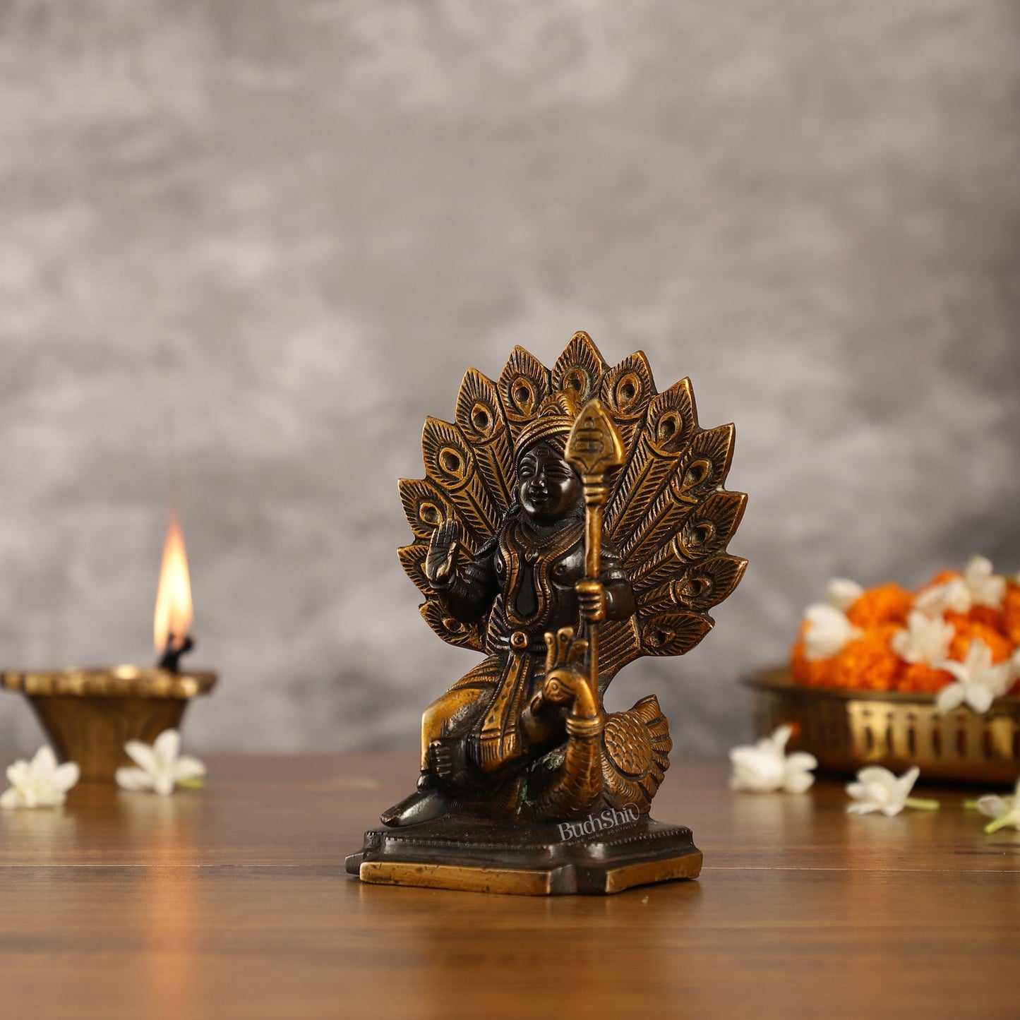 Black Antique Brass Superfine Kartikeya Lord Murugan Idol Seated on Peacock | Height 6 inch
