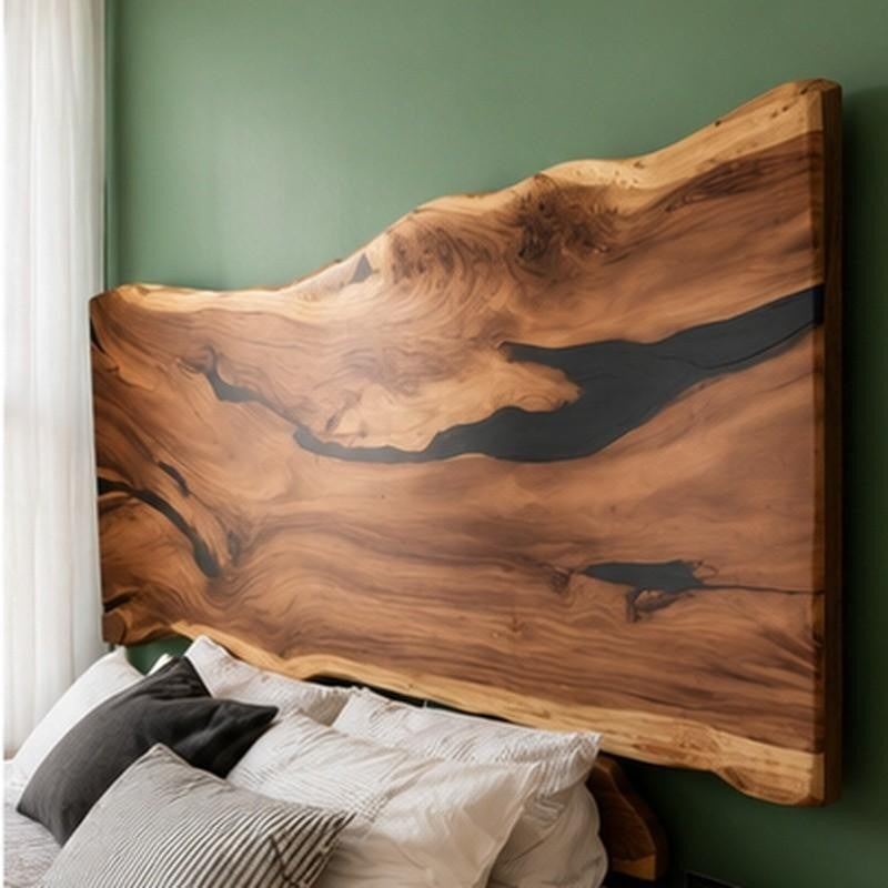 Live Edge Epoxy Resin Wood Headboard | Wall Mounted headboard Design | Black Epoxy Resin Headboard | Unique Bed Headboard Design