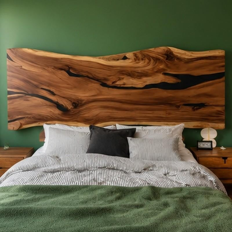 Live Edge Epoxy Resin Wood Headboard | Wall Mounted headboard Design | Black Epoxy Resin Headboard | Unique Bed Headboard Design