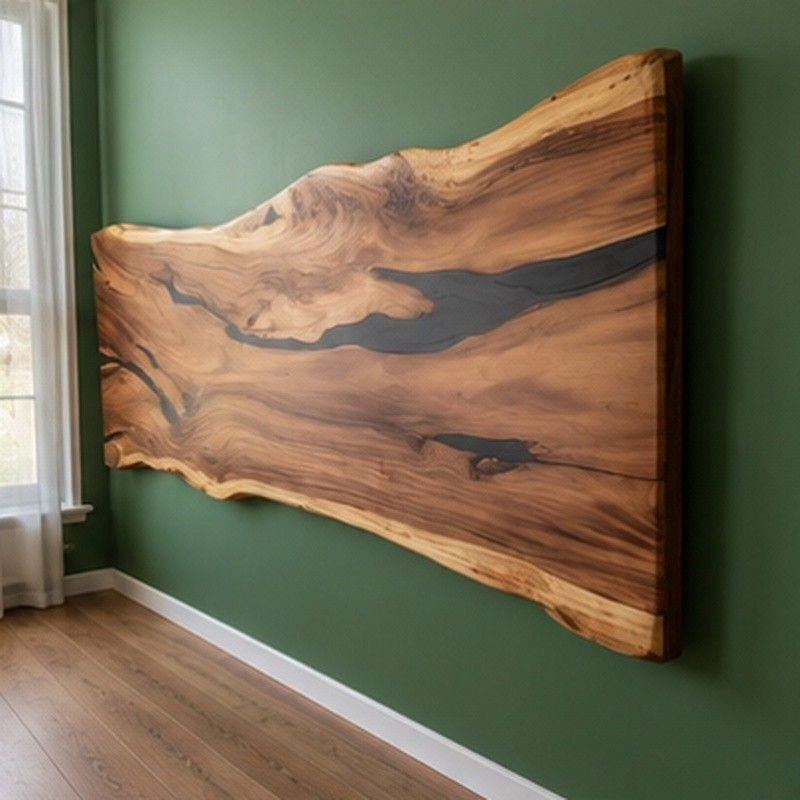 Live Edge Epoxy Resin Wood Headboard | Wall Mounted headboard Design | Black Epoxy Resin Headboard | Unique Bed Headboard Design
