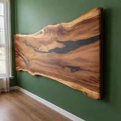 Live Edge Epoxy Resin Wood Headboard | Wall Mounted headboard Design | Black Epoxy Resin Headboard | Unique Bed Headboard Design