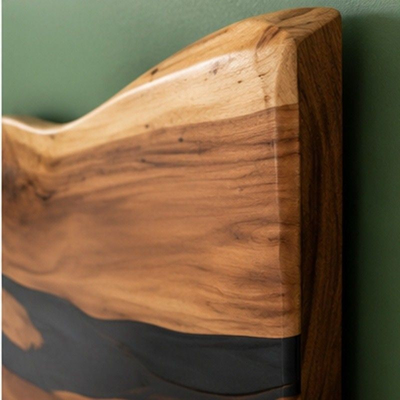 Live Edge Epoxy Resin Wood Headboard | Wall Mounted headboard Design | Black Epoxy Resin Headboard | Unique Bed Headboard Design