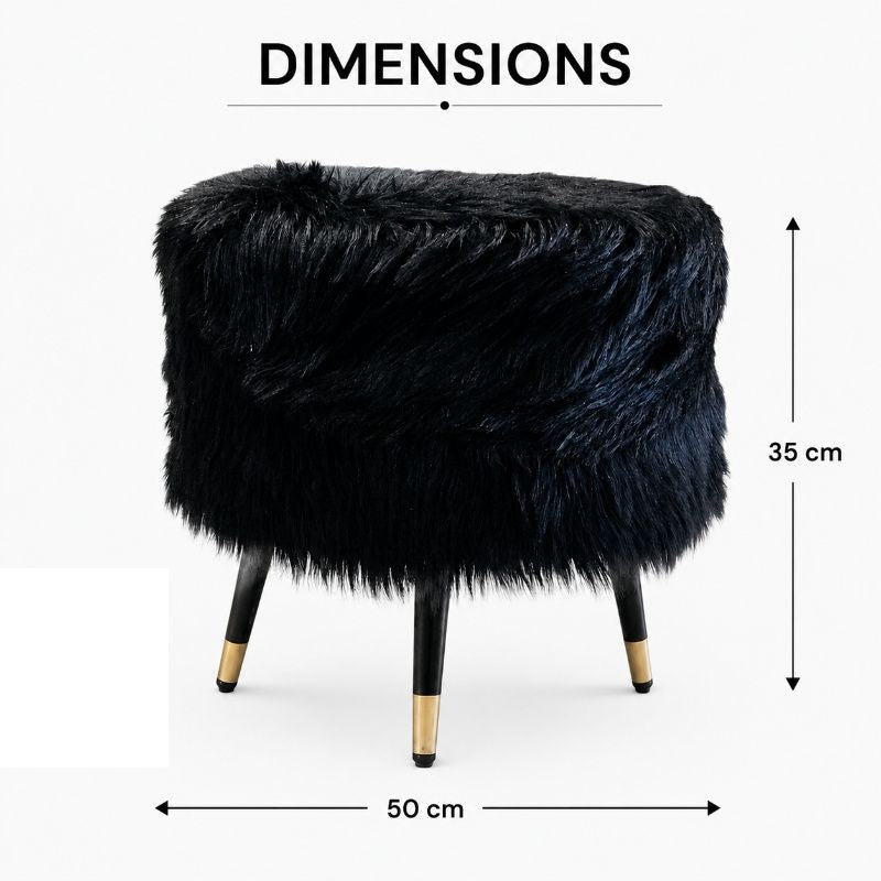 Midnight Glam Black Faux Fur Ottoman Stool with Gold Legs for Modern Home Decor | Black Faux ottoman stool