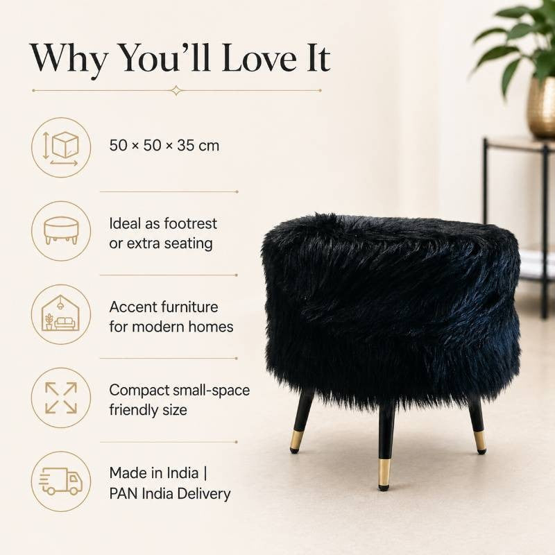 Midnight Glam Black Faux Fur Ottoman Stool with Gold Legs for Modern Home Decor | Black Faux ottoman stool