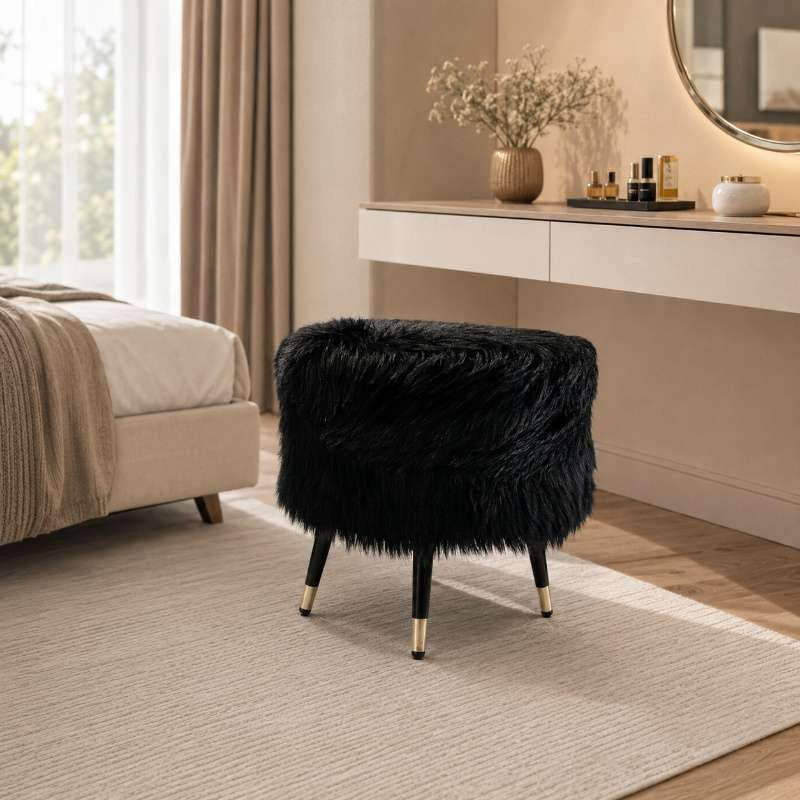 Midnight Glam Black Faux Fur Ottoman Stool with Gold Legs for Modern Home Decor | Black Faux ottoman stool