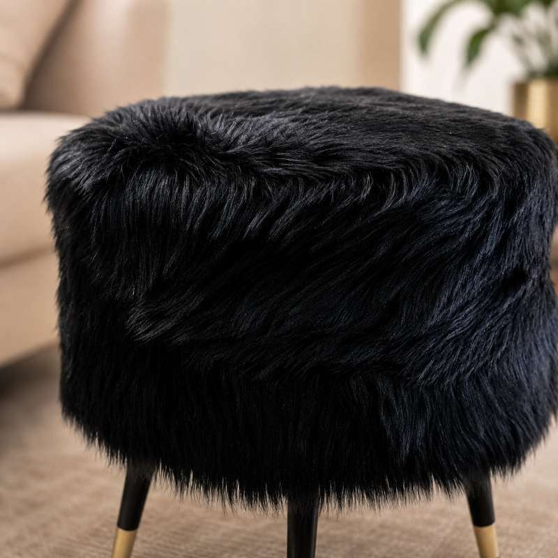 Midnight Glam Black Faux Fur Ottoman Stool with Gold Legs for Modern Home Decor | Black Faux ottoman stool