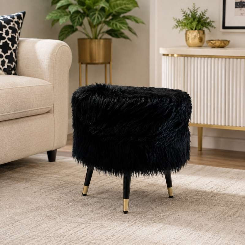 Midnight Glam Black Faux Fur Ottoman Stool with Gold Legs for Modern Home Decor | Black Faux ottoman stool