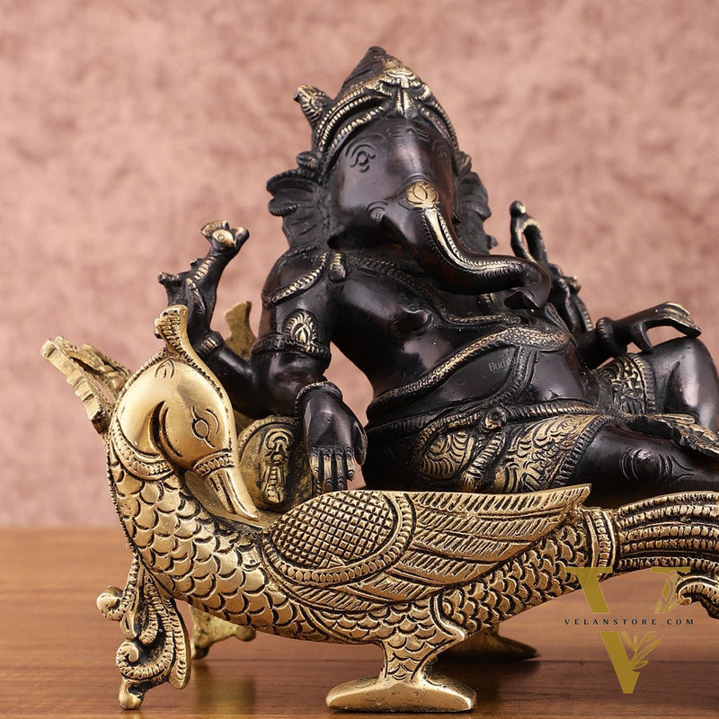 Black Gold Brass Lord Ganesha Statue on Peacock Throne – 11.5" Exquisite Handcrafted Idol