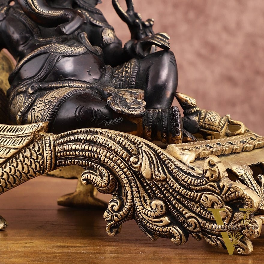 Black Gold Brass Lord Ganesha Statue on Peacock Throne – 11.5" Exquisite Handcrafted Idol
