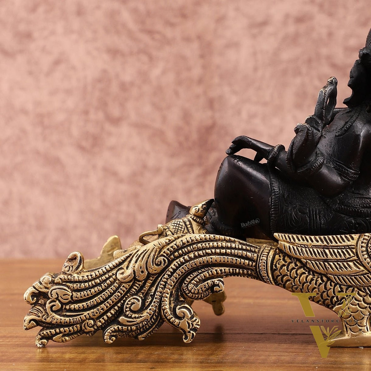Black Gold Brass Lord Ganesha Statue on Peacock Throne – 11.5" Exquisite Handcrafted Idol