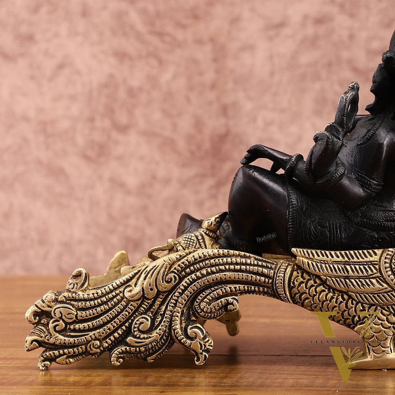 Black Gold Brass Lord Ganesha Statue on Peacock Throne – 11.5" Exquisite Handcrafted Idol